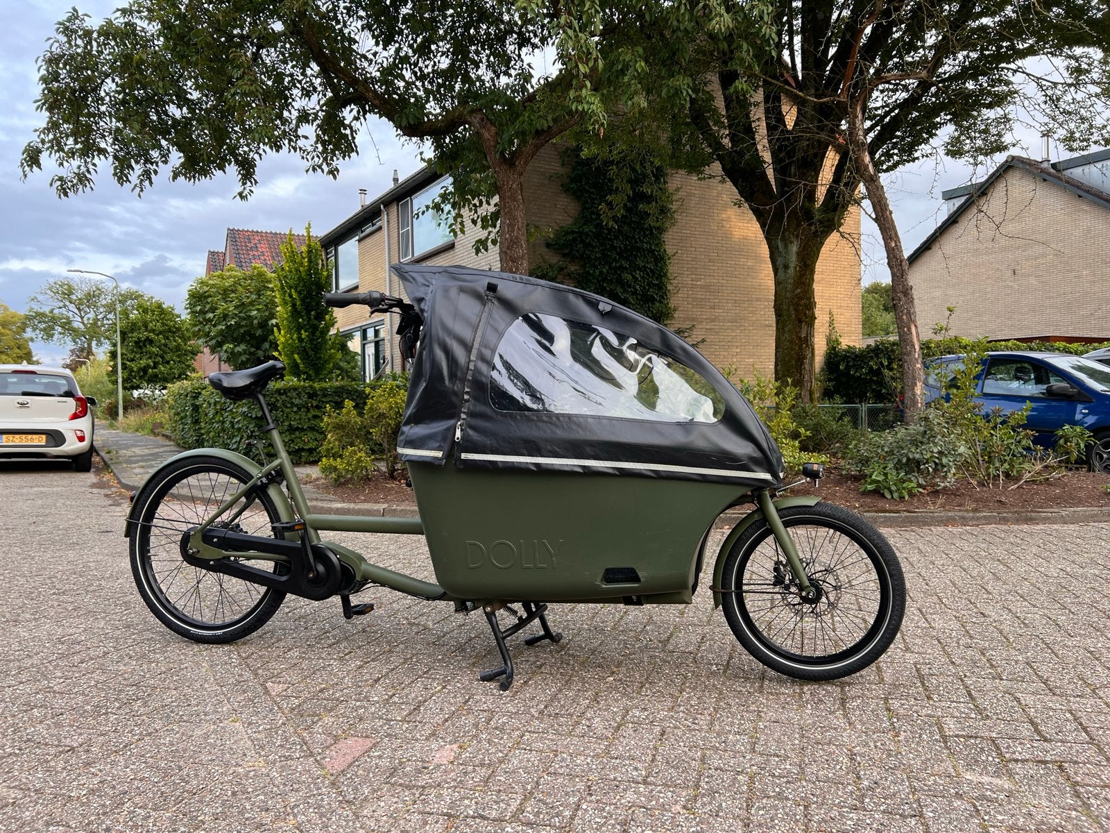 Dolly Bakfiets Elektrisch met Huif - gebruikt. Mat groen., Gebruikt, Elektrisch, 2 kinderen, Schijfrem